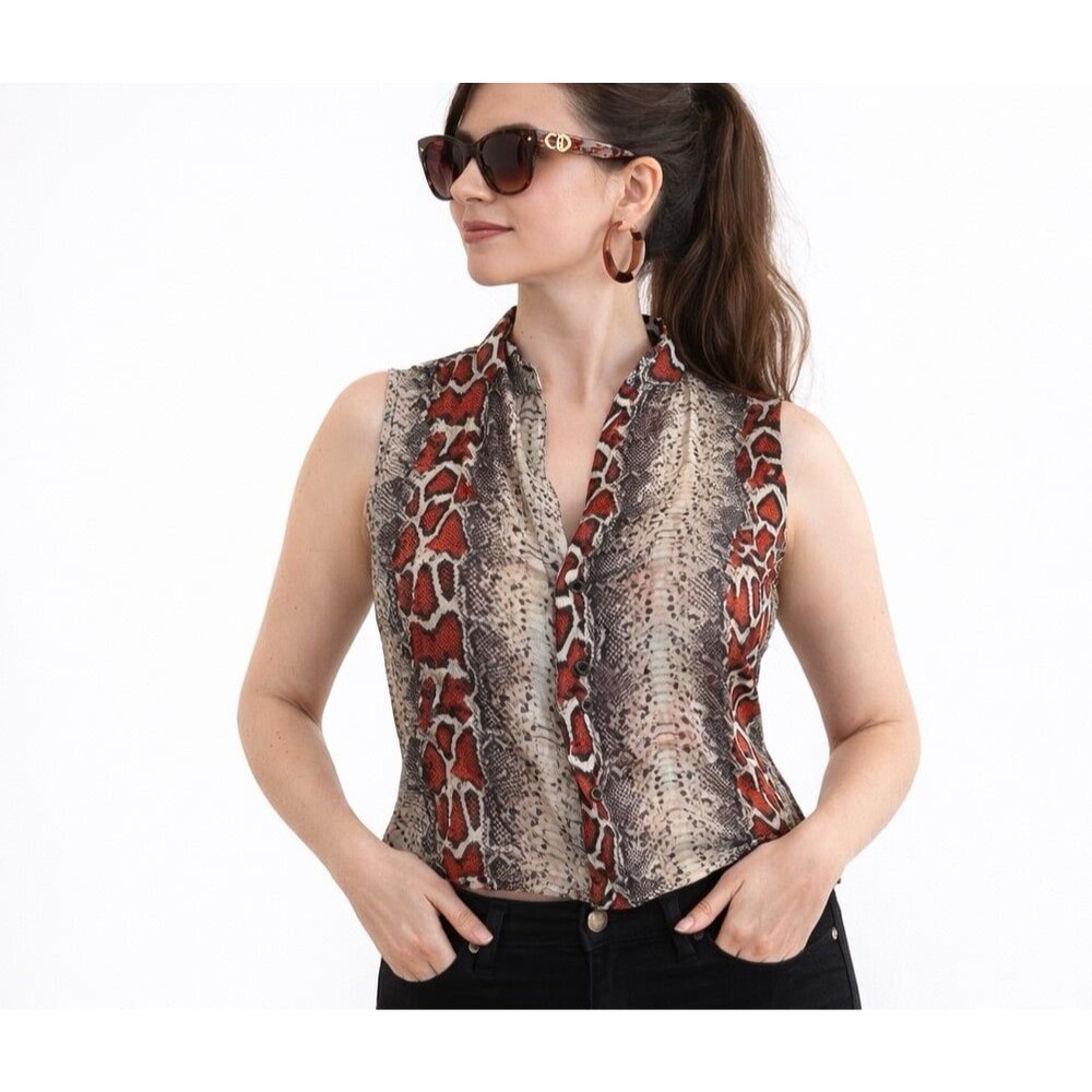 Snakeskin 100% Silk Tank Button Up Pocket V Neck Mandarin Blouse Laila Savannah